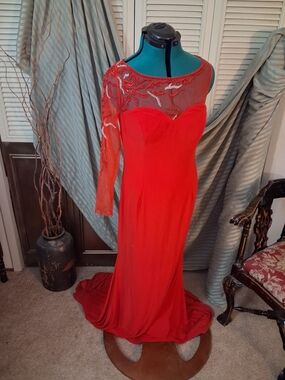 Vintage Red One-Sleeve Evening Gown with Sheer Beaded Yoke